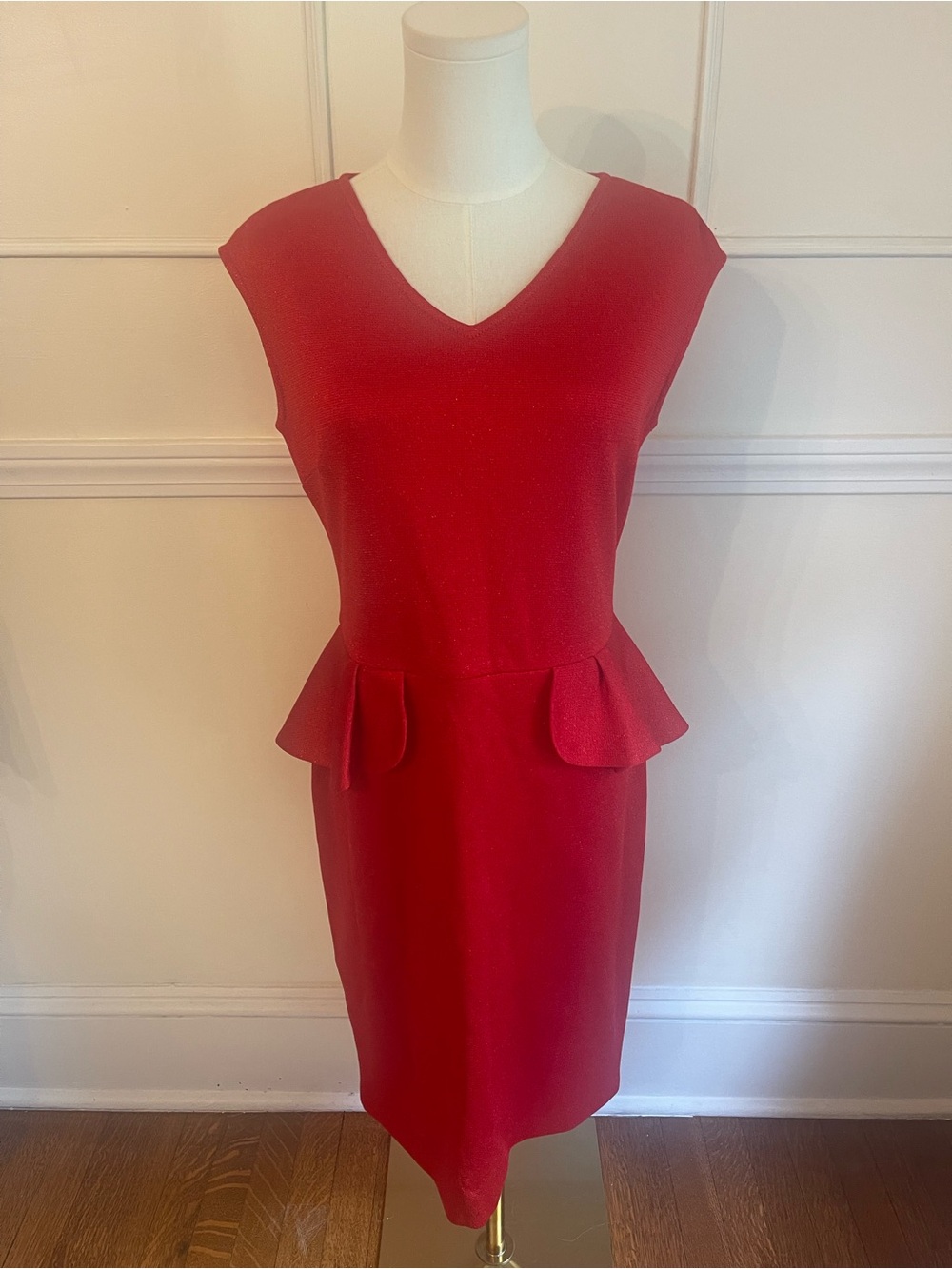 St. John Red V-Neck Peplum Midi Dress